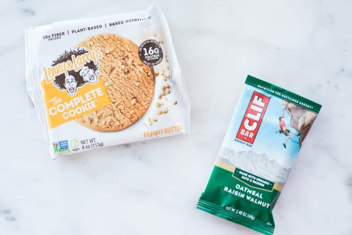 Overhead view of packaged energy bars which typically have trans fats in the form of hydrogenated oils.