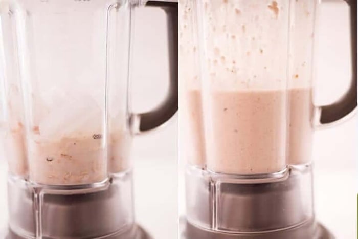 Two photos side by side the one on the left shows ingredients for oatmeal raisin cookie protein shake in a blender before being mixed, the photo on the right shows that same blender with ingredients but after being blended.