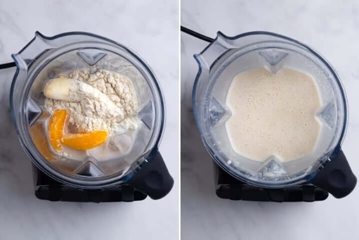An image with two photos, one with ingredients for orange protein shake in a blender before being blended, the other after being blended.