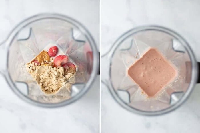 Two photos one with the unblended ingredients for pb and j protein smoothie, the other after it has blended.