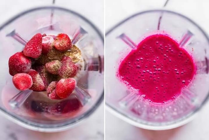 Two images side by side, one with ingredients for pink power protein smoothie before being blended, the other after being blended.