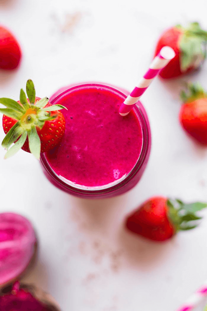 A photo of a finished version of Pink Power Protein Smoothie.