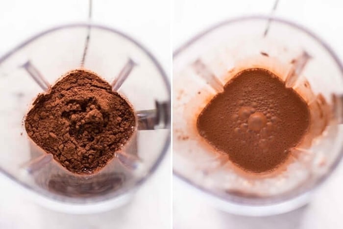 Two images side by side, one with ingredients for Protein Fudgesicles unblended inside a blender, the other with those ingredients but after it had been blended.