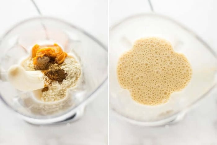 Two photos side by side for pumpkin cheesecake smoothie, the one on the left had ingredients for pumpkin cheesecake smoothie unblended, and the one on the right blended.