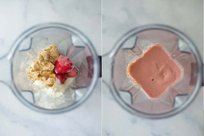 Two photos side by side one shows ingreidnets for a strawberry cheesecake smoothie in a blender ready to blend, the other shows that same blender but after it had been blended.