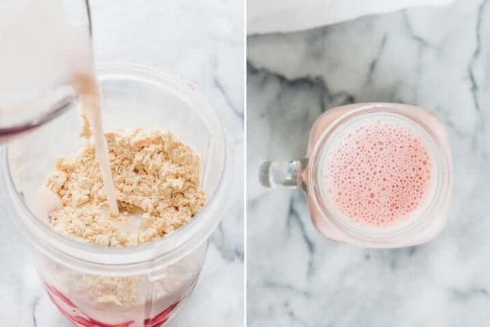 Two photos side by side, one with ingredients for strawberry protein shake unlended, the other in a mason jar after being evenly blended.