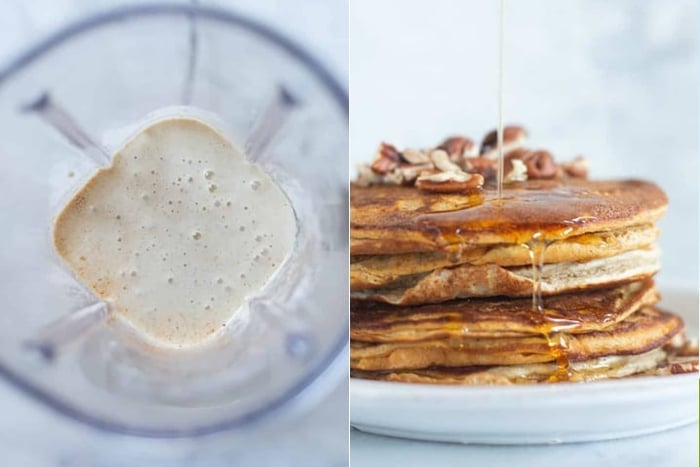 Two photos side by side, one has an image of a blender with ingredients for sweet potato pancakes blended into a smooth batter, the other shows a white plate with finished sweet potato pancakes on top with maple syrup and pecans on top.