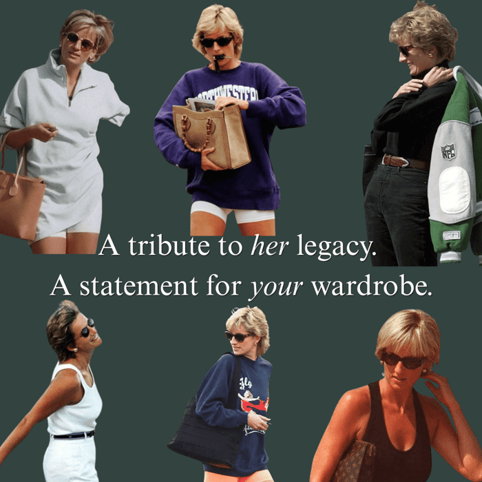 Collage of Princess Diana wearing oversized sunglasses inspiring the Anea Hill Diana Edit collection