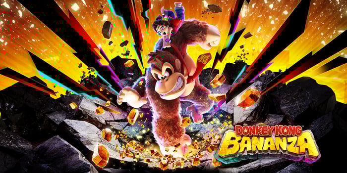 Gameplay scene from Donkey Kong Bananza showing DK smashing through breakable walls on Nintendo Switch 2