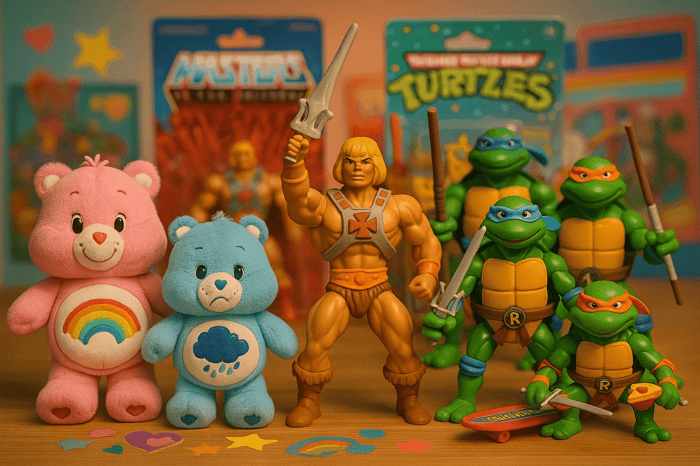 are Bears, He-Man, and Teenage Mutant Ninja Turtles toys displayed together in a nostalgic 2025 retro-style setup