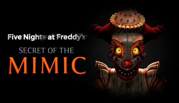 Five Nights at Freddy’s: Secret of the Mimic featuring the eerie Murray’s Costume Manor shrouded in fog, with the menacing Mimic animatronic looming in the shadows