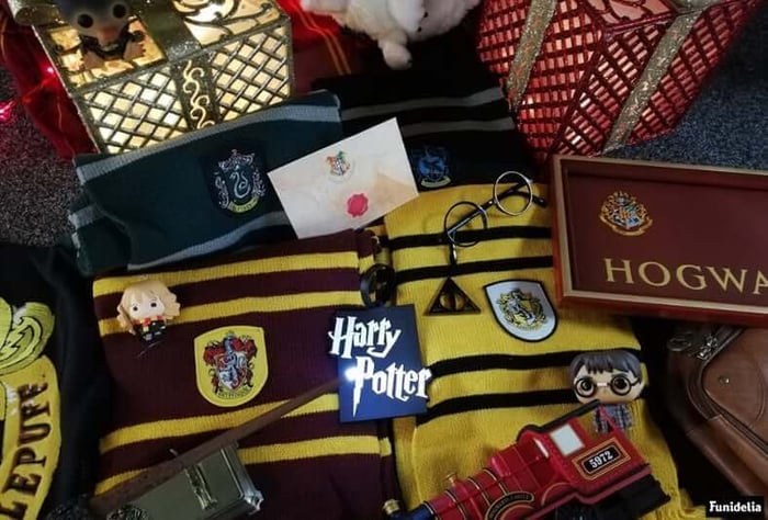 Pile of Harry Potter merchandise from all four houses arranged artistically
