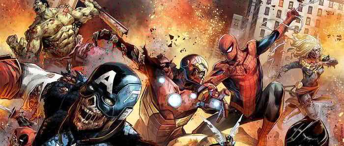 A Marvel Zombies comic snippet of characters like Captain America, Iron Man and Spiderman in a post-apocalyptic world where some of the avengers have been turned into zombies