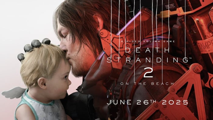 Death Stranding 2: On the Beach key art featuring Sam Porter Bridges with futuristic gear against a surreal landscape