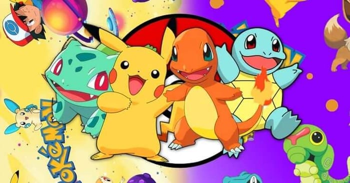 Pokemon like Pikachu and Charmander on a colourful background with Ash.