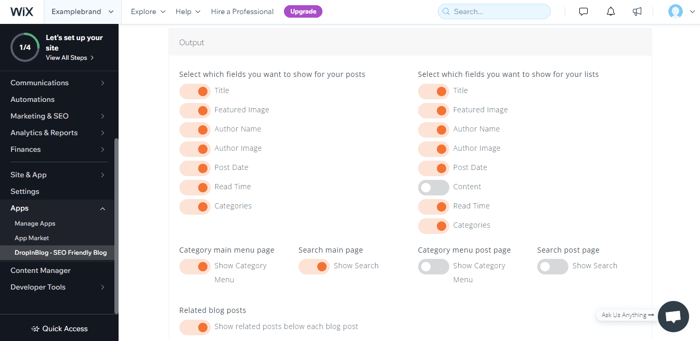 Wix DropInBlog Settings Page
