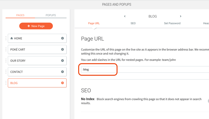 Edit page URL field in Duda
