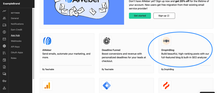 Find DropinBlog app in Teachable App Hub