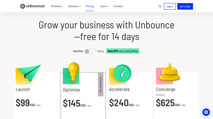 Leadpages vs Unbounce: Unbounce pricing monthy