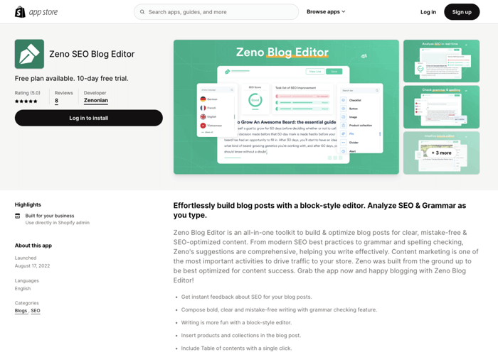 Zeno SEO blog editor Shopify page
