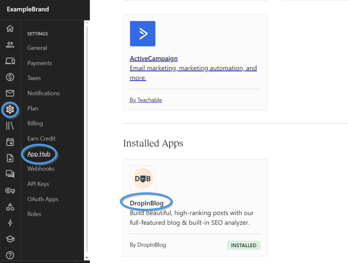 Locating the DropInBlog app from your Teachable account