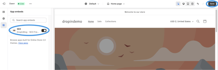 Activate DropInBlog extensions in Shopify