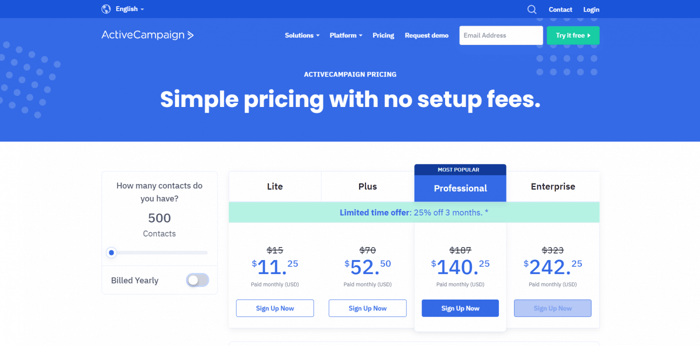 ActiveCampaign pricing plans monthly fees