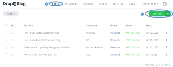Adding a new post using the DropInBlog editor