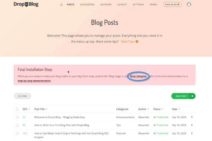 Big Cartel blog install step