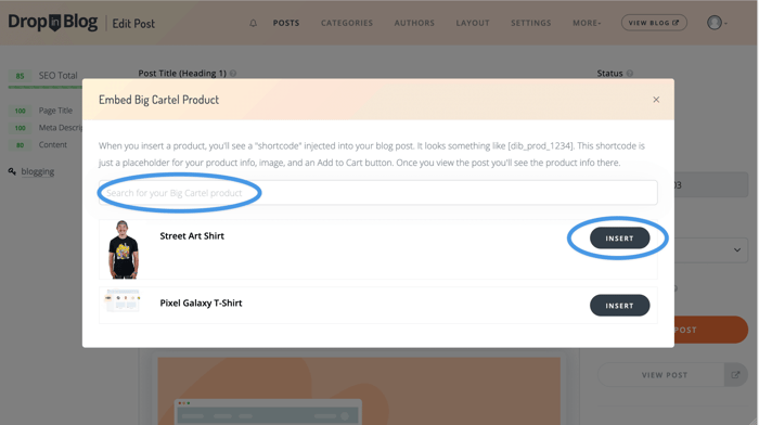 Big Cartel blog install step