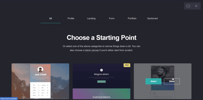 Choose a starting point for creating a Carrd website