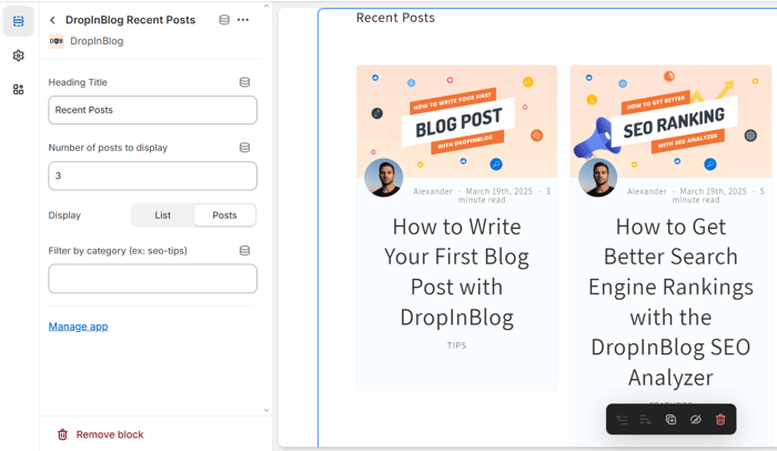 Customizing DropInBlog's Recent Posts section