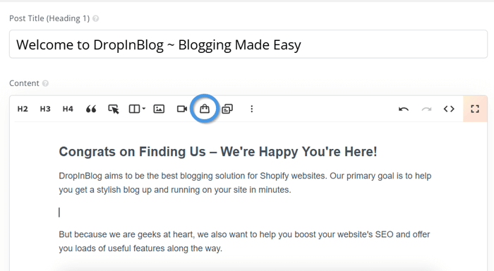Insert a product from DropInBlog's post editor