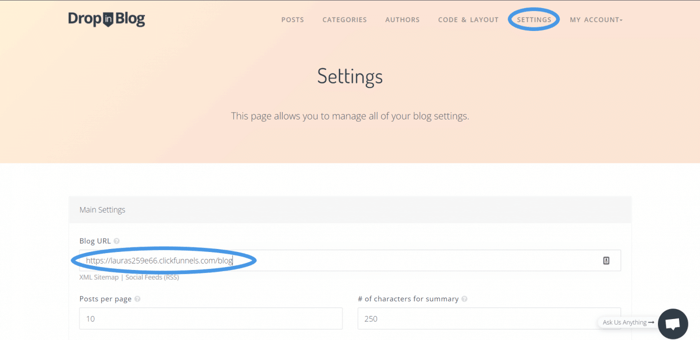 Dropinblog settings blog url