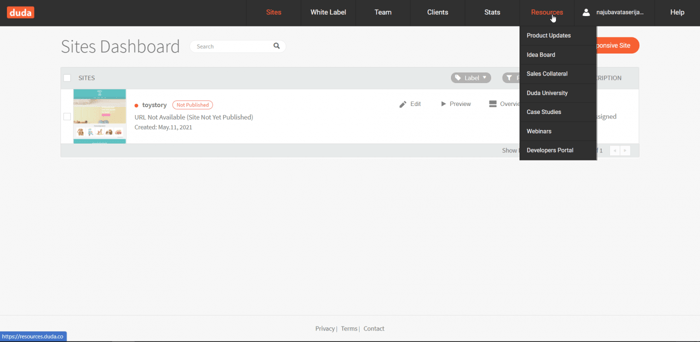 Duda vs WordPress: Duda dashboard