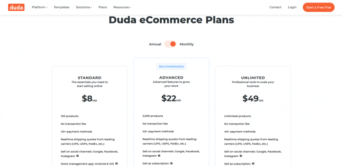Duda ecommerce pricing
