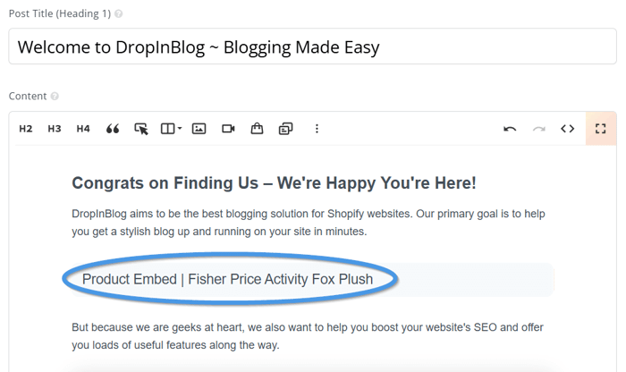 Embed product placeholder in DropInBlog's editor