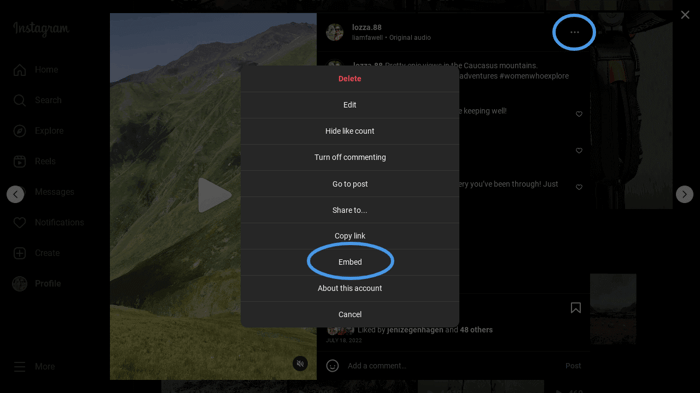 Embed Instagram videos in Shopify: Copy embed code from an Instagram reel