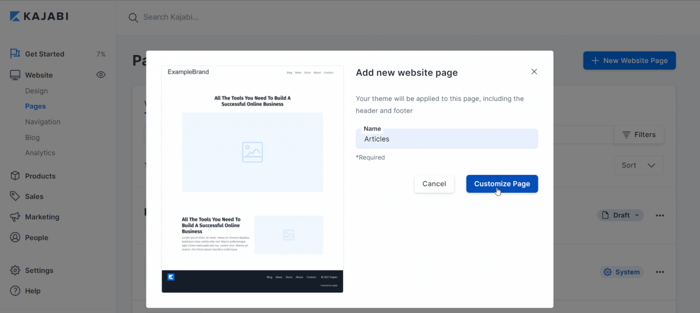 Kajabi add new website page customize page