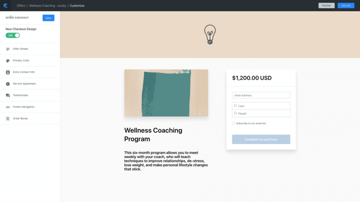 Kajabi checkout page customization editor