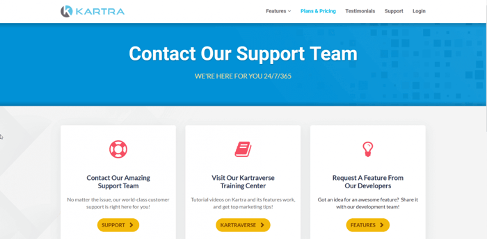 Builderall vs Kartra: Kartra support page