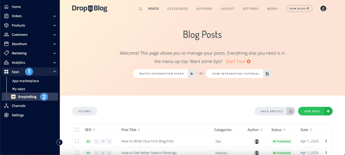 Open the DropInBlog app from your BigCommerce dashboard