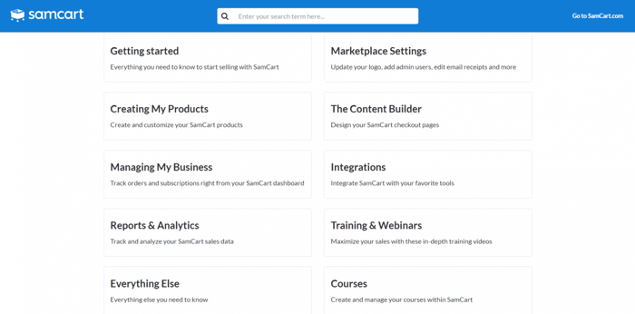 SamCart knowledge base customer support