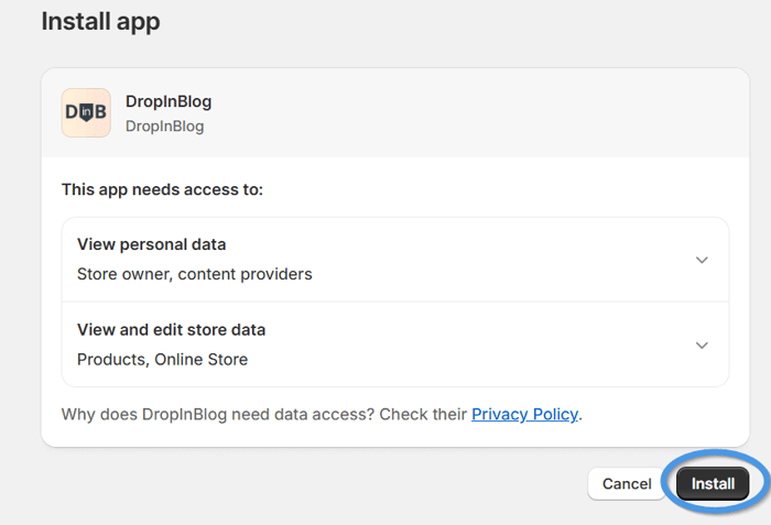 Shopify blog install step