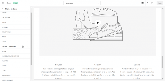 Shopify store builder editor theme settings