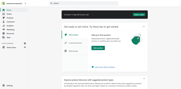 Shopify dashboard