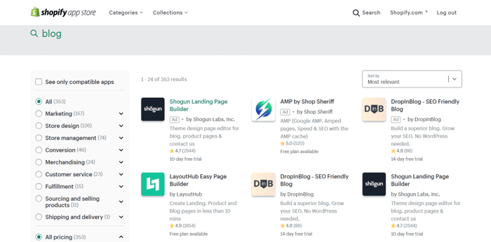 Shopify DropInBlog app store integrations