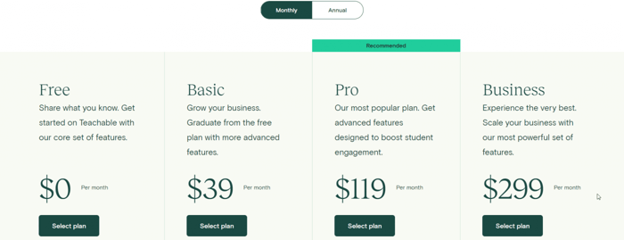 Teachable pricing plans