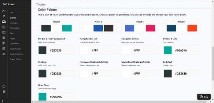 Teachable theme color palette