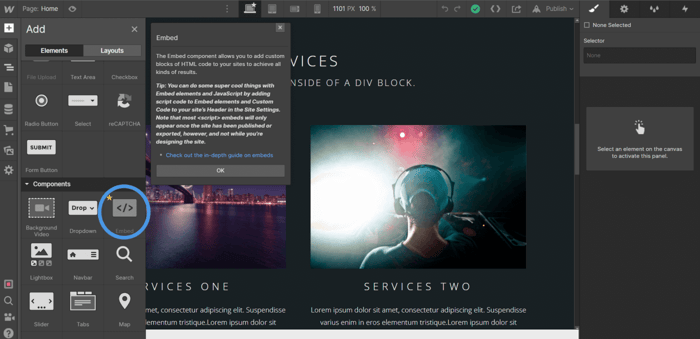 Webflow embed custom code